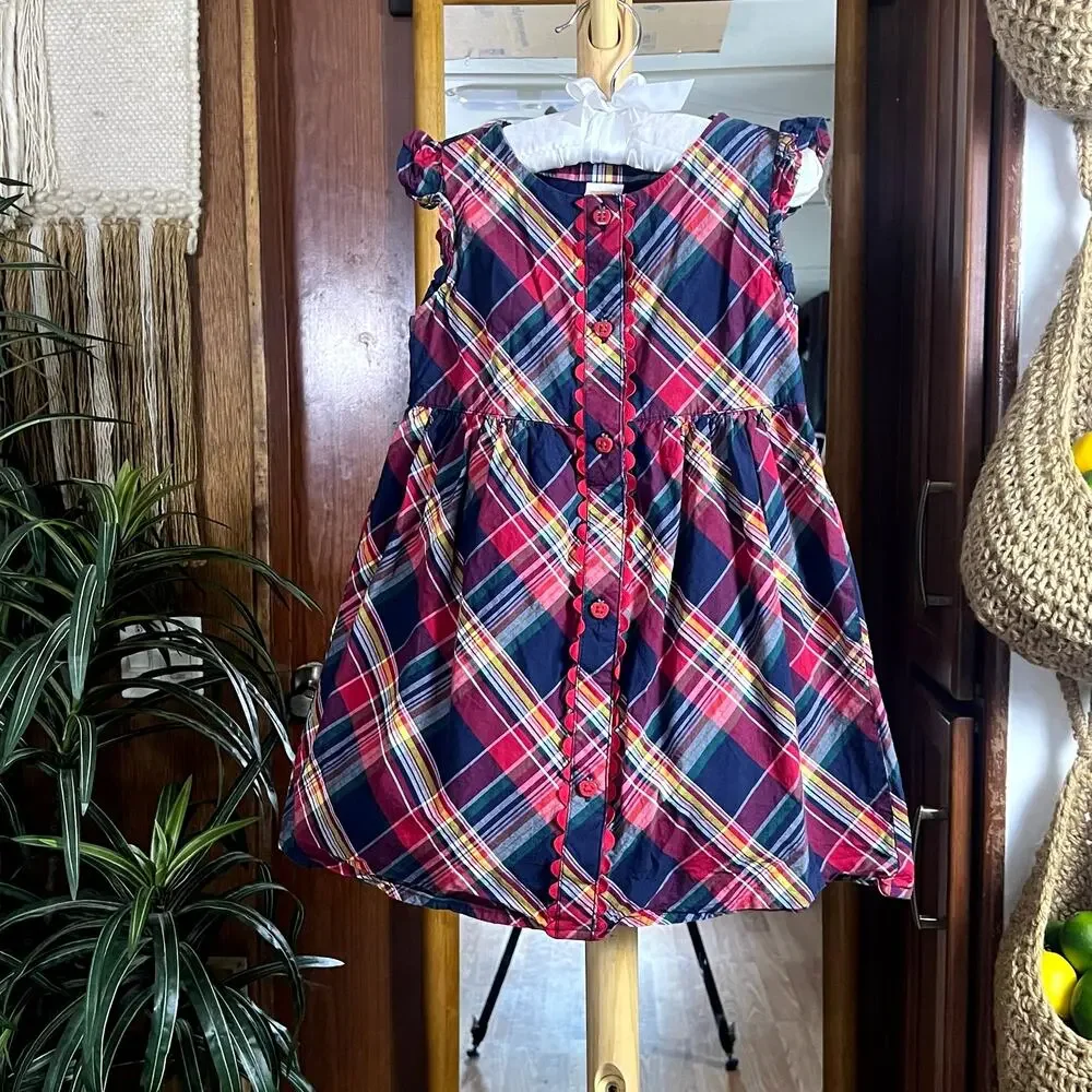 Gymboree Toddler Dress 4T Red Madras Plaid Apple Button Ruffle Cap Sleeve Cotton